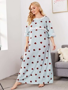 SHEIN Plus Strawberry Print Eyelet Embroidery Trim Night Dress