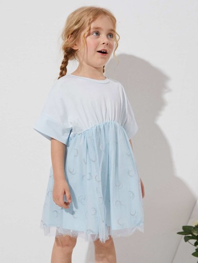 شي إن فستان شبكي بحاشية مضيئة بنمط قمر للفتيات الصغيرات