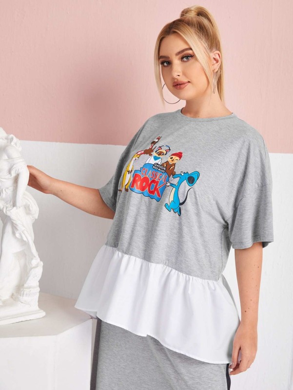 SHEIN Plus Letter and Cartoon Graphic Peplum Top