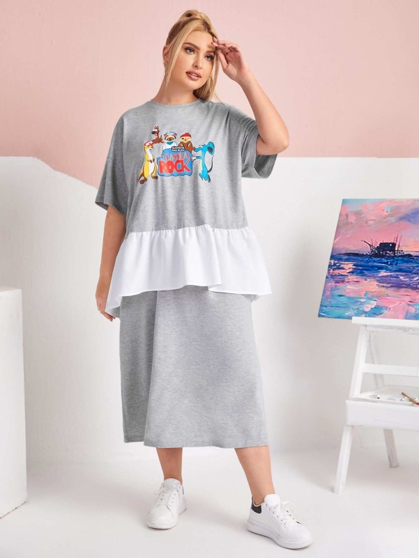 SHEIN Plus Letter and Cartoon Graphic Peplum Top