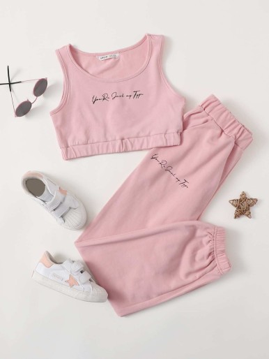 SHEIN Sweatpants Set With Sleeveless Top And Graphic Logo For Girls