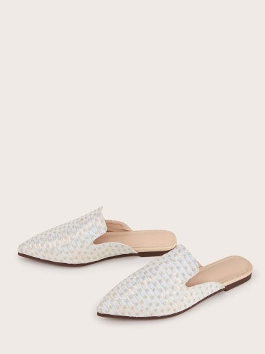 Point Toe Sequins Detail Flat Mules