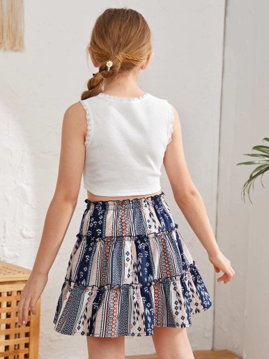 SHEIN Girls Lace Detail Crop Tank Top & Frill Detail Patchwork Skirt Set