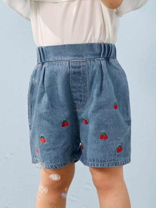 Toddler Girls Cherry Embroidery Denim Shorts