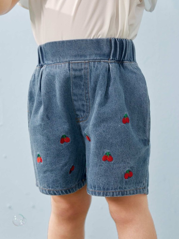 Toddler Girls Cherry Embroidery Denim Shorts