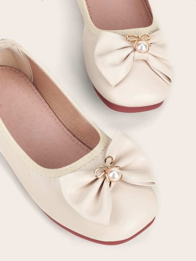 Toddler Girls Bow & Faux Pearl Decor Flats