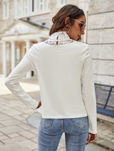 Contrast Lace Mock Neck Tee