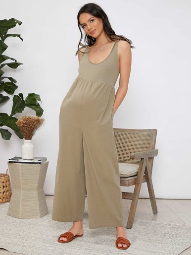 SHEIN Maternity Roll Up Sleeve Tie Front Jumpsuit