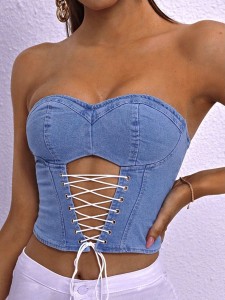 Lace Up Front Tube Denim Top