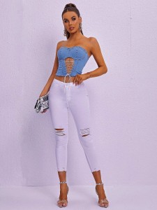 Lace Up Front Tube Denim Top