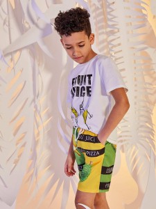 SHEIN Boys Letter and Fish Print Top & Durian Print Shorts Set