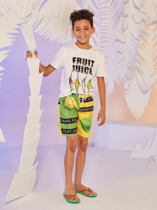 SHEIN Boys Letter and Fish Print Top & Durian Print Shorts Set