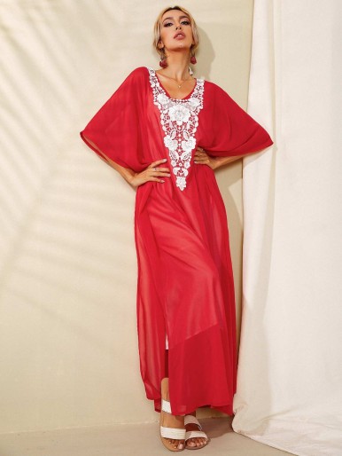 Contrast Lace Panel Split Hem Kaftan