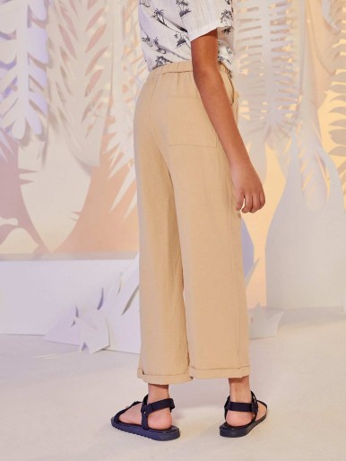 SHEIN Boys Tie Waist Roll Hem Wide Leg Pants