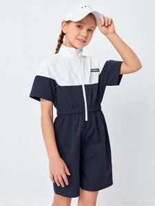 SHEIN Girls Two Tone Patched Detail Half Zipper Placket Romper