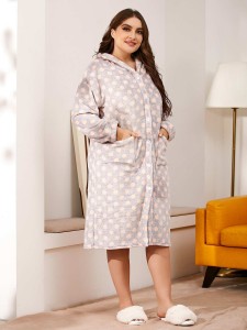 Plus Polka Dot Button Through Hooded Night Dress