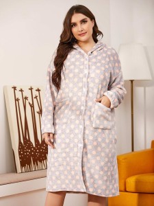 Plus Polka Dot Button Through Hooded Night Dress