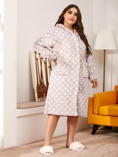 Plus Polka Dot Button Through Hooded Night Dress