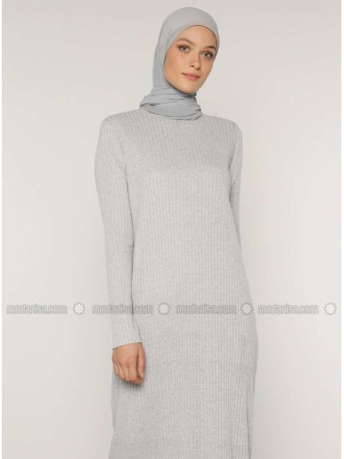 Gray Gray Crew neck Unlined Cotton Modest Dress