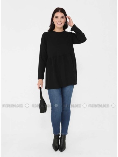 Black Crew neck Cotton Plus Size Tunic