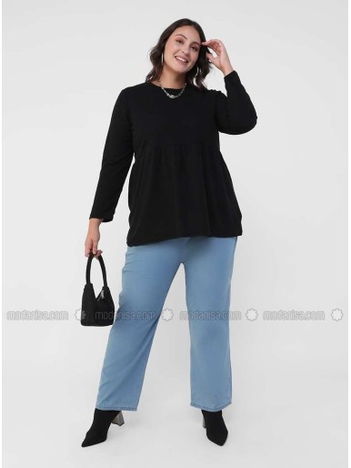 Black Crew neck Cotton Plus Size Tunic