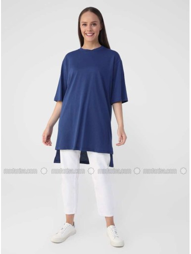Blue Navy Blue Cotton T-Shirt