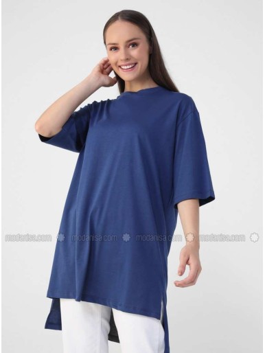 Blue Navy Blue Cotton T-Shirt
