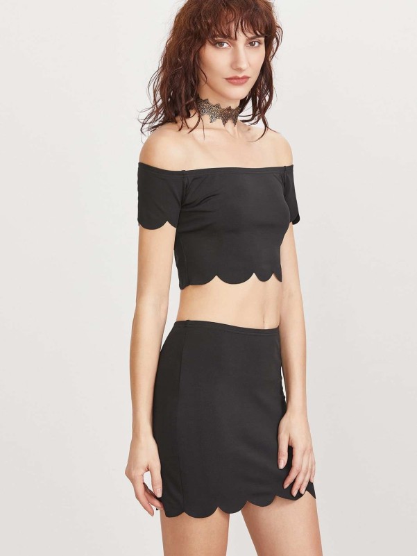 Scallop Edge Off The Shoulder Crop Top With Skirt