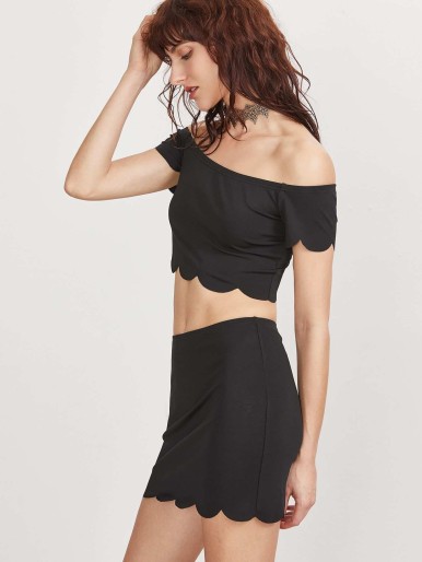 Scallop Edge Off The Shoulder Crop Top With Skirt