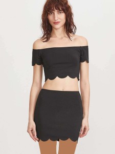 Scallop Edge Off The Shoulder Crop Top With Skirt