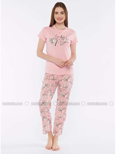 Pink Crew neck Multi Pyjama Set