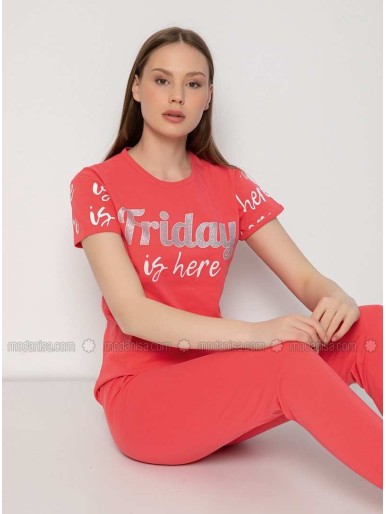 Coral Crew neck Pyjama Set