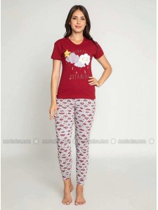 Maroon Crew neck Multi Pyjama Set