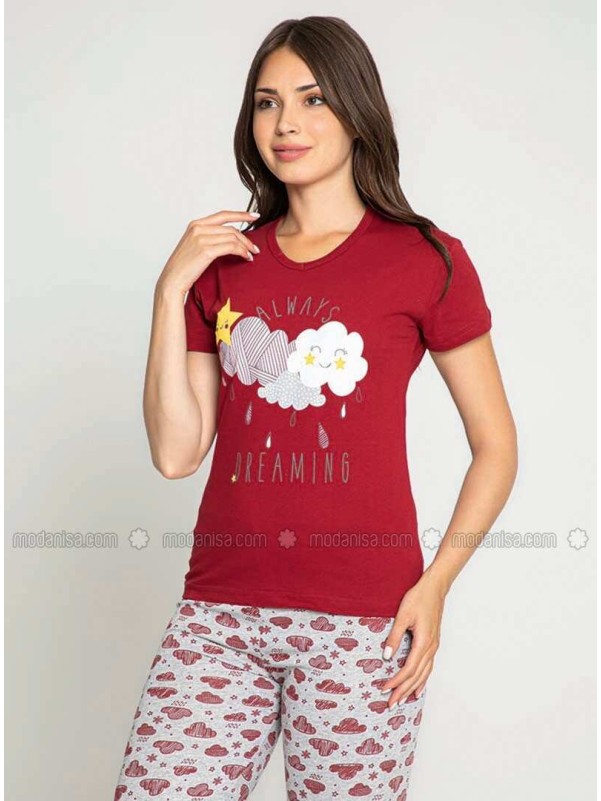 Maroon Crew neck Multi Pyjama Set