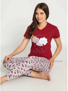 Maroon Crew neck Multi Pyjama Set