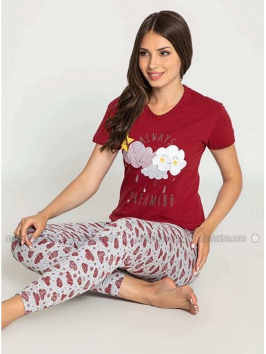 Maroon Crew neck Multi Pyjama Set