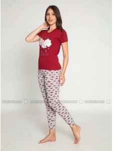 Maroon Crew neck Multi Pyjama Set