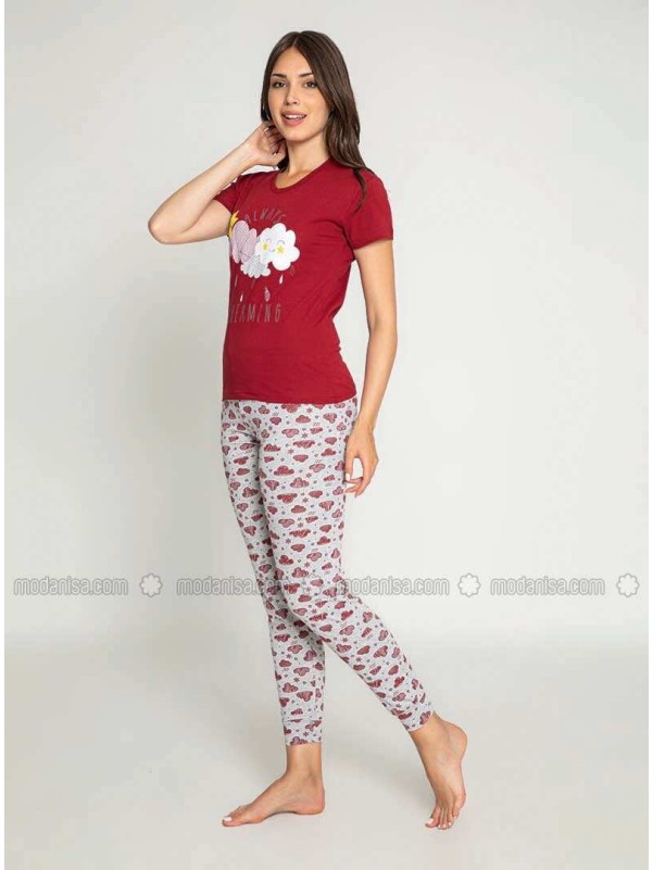 Maroon Crew neck Multi Pyjama Set