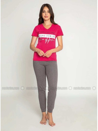 Fuchsia Crew neck Multi Pyjama Set