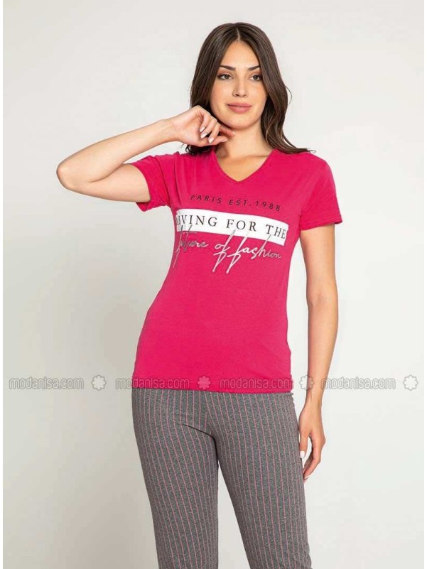 Fuchsia Crew neck Multi Pyjama Set