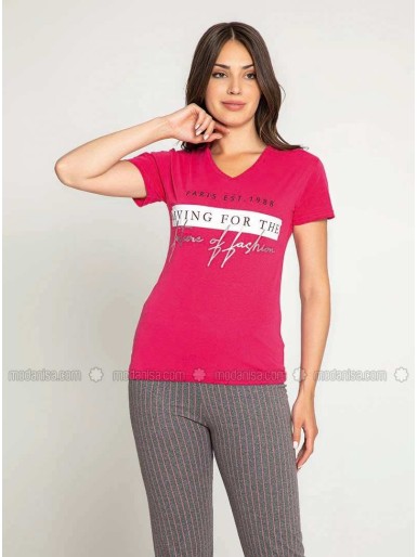 Fuchsia Crew neck Multi Pyjama Set