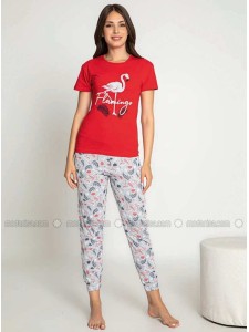 Red Crew neck Multi Pyjama Set