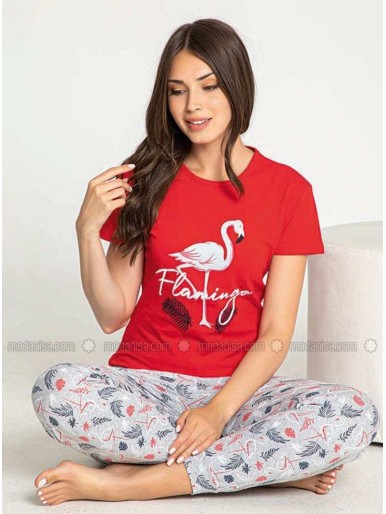 Red Crew neck Multi Pyjama Set