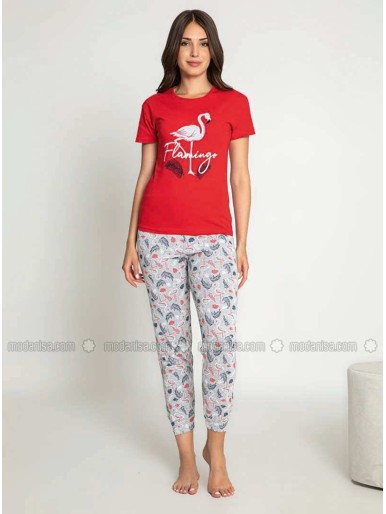 Red Crew neck Multi Pyjama Set