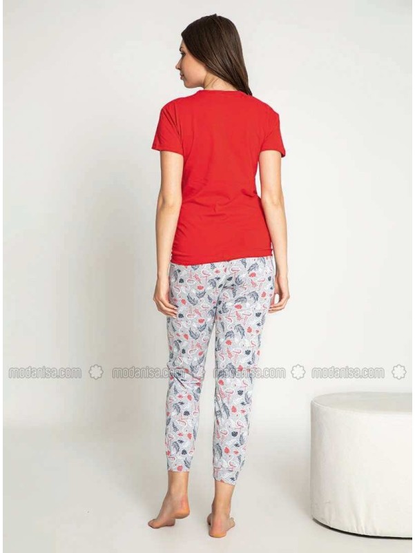 Red Crew neck Multi Pyjama Set