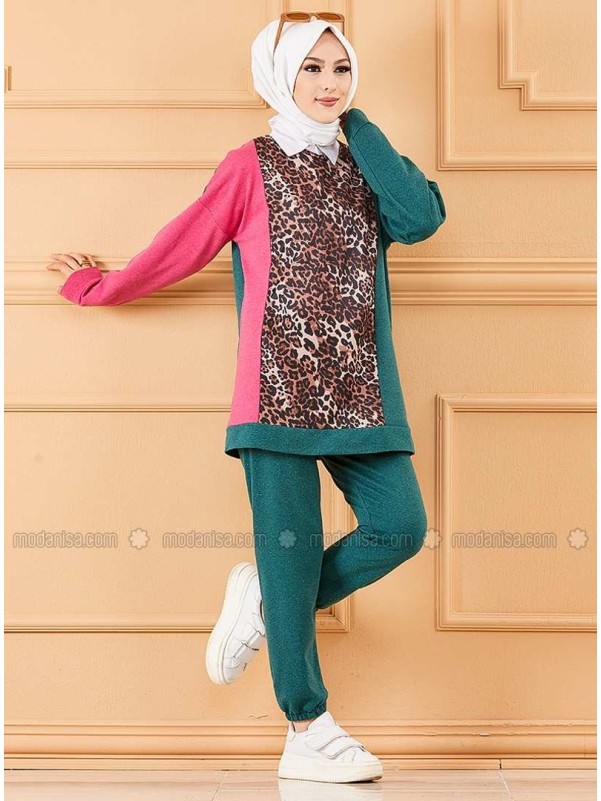 Emerald Leopard Crew neck Tracksuit Set