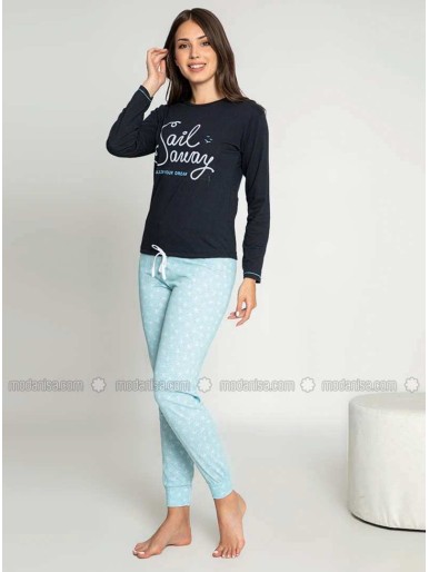 Navy Blue Crew neck Multi Pyjama Set