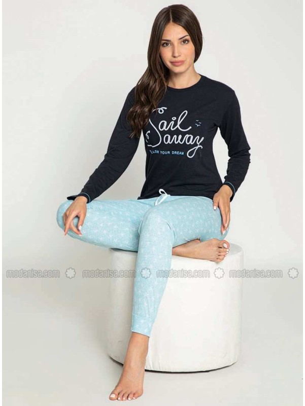 Navy Blue Crew neck Multi Pyjama Set