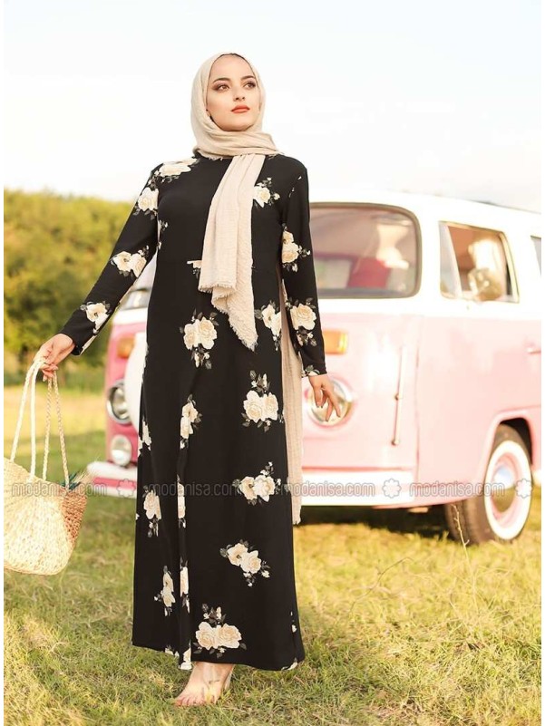 Black Floral Crew neck Unlined Dress