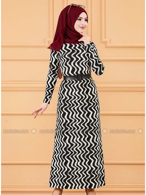 Black Multi Crew neck Unlined Modest Dress